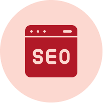 Frame 1618874358 Red SEO icon on a pink background.