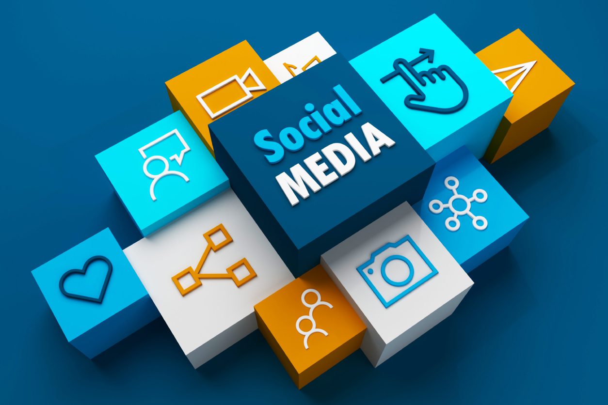 Social media icons on colorful cubes.