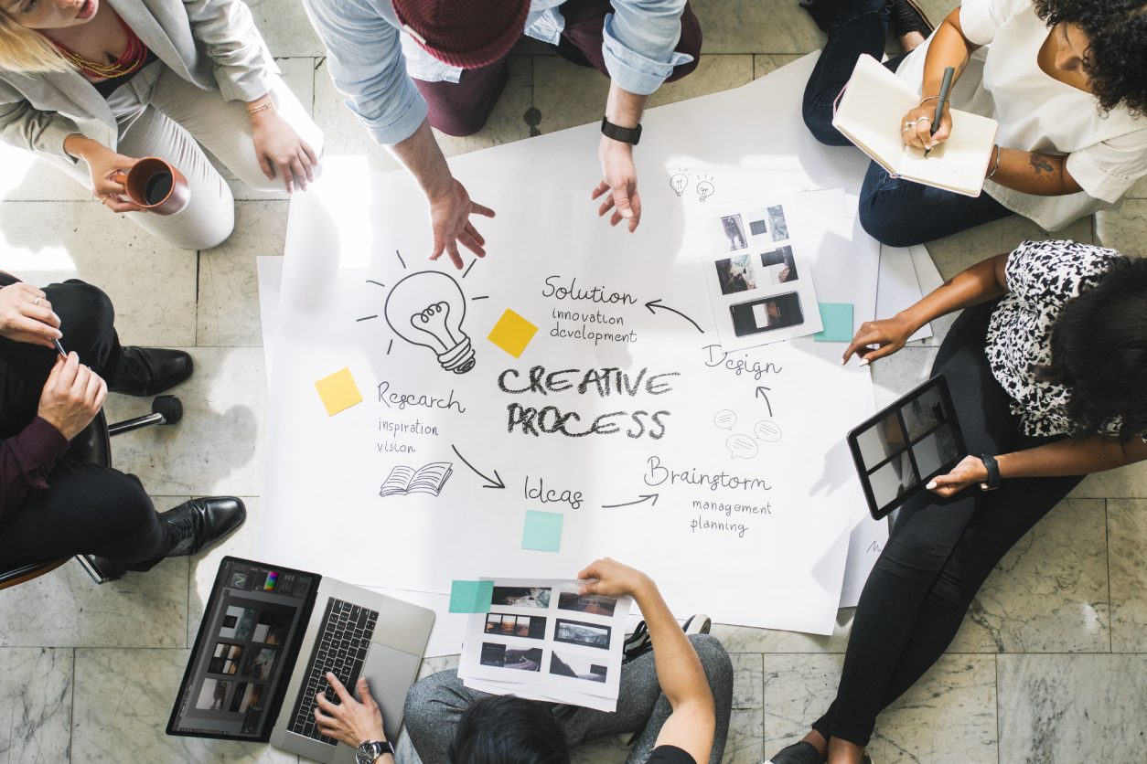 People collaborating around creative process chart.